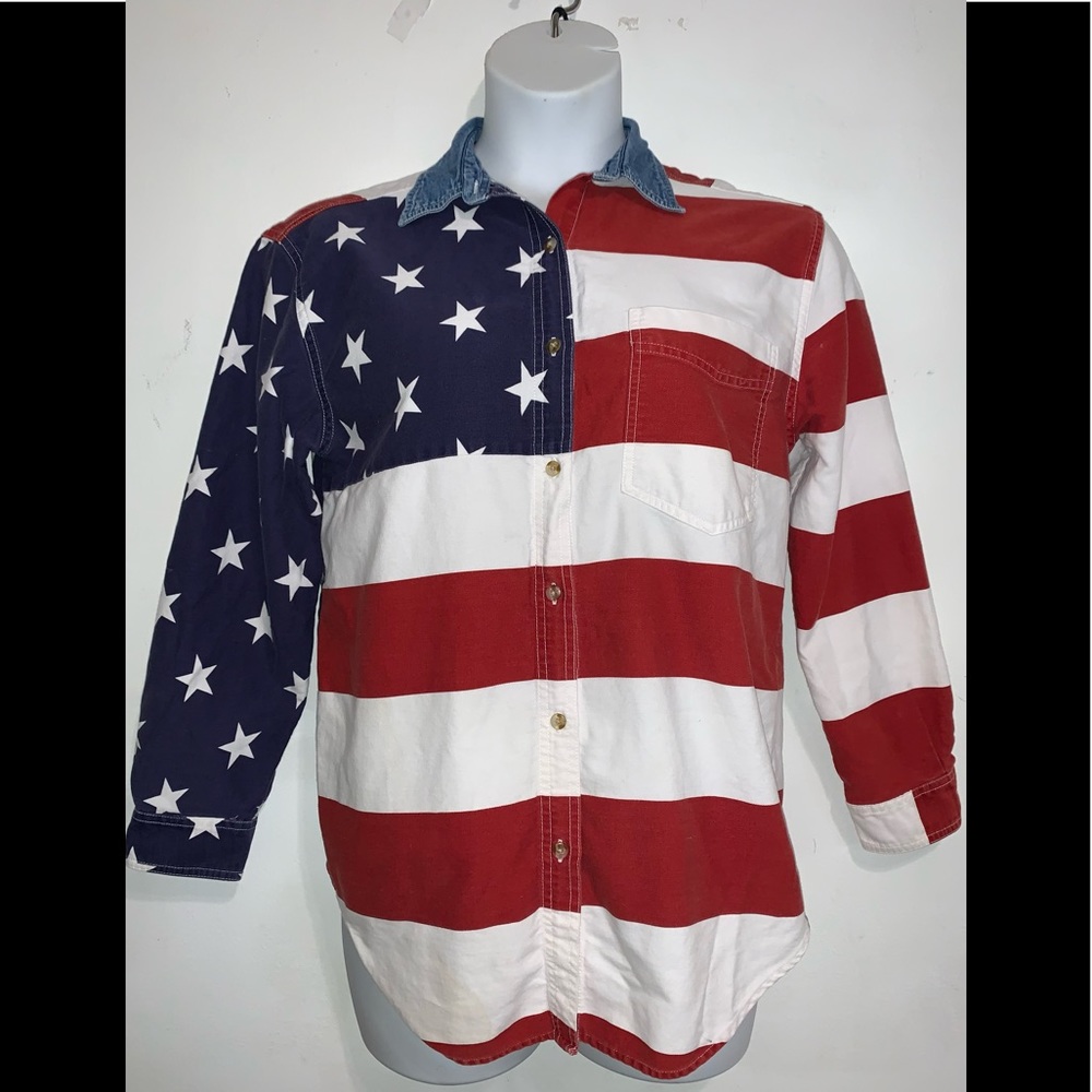 Vintage Quizz Again Jeans American Flag Shirt Size Small
